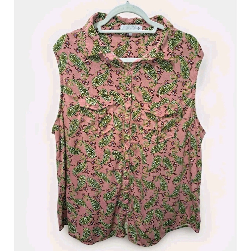 Eden & Olivia Button Tunic Blouse Womens 3X Mauve Paisley Sleeveless Collard 8oz